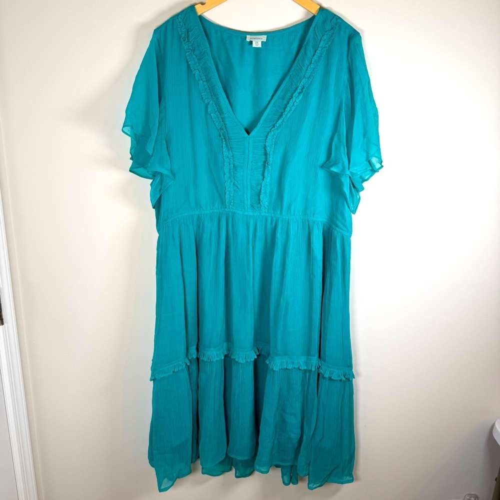 Sundance Gauze Layered BOHO Flowy‎ Tiered Peasant Midi Dress Teal Size XXL 2XL